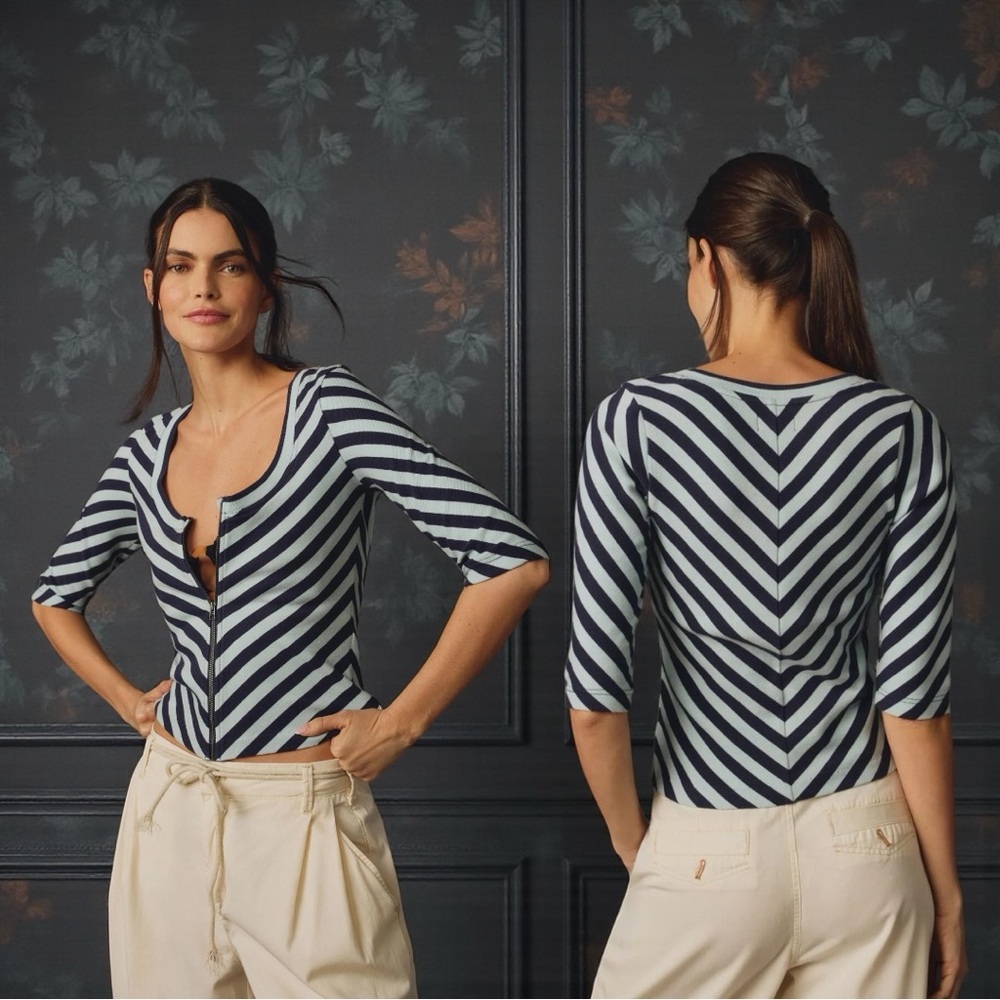 Maeve Navy and White Striped Scoop-Neck Knit Top